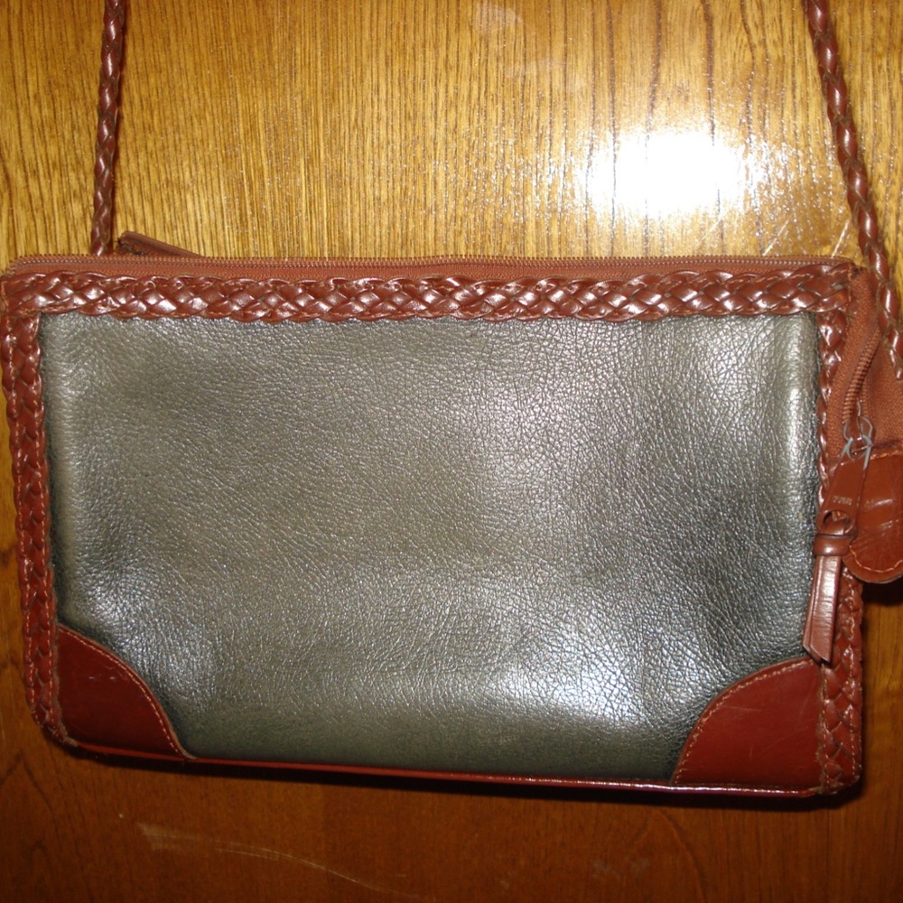 Womens Braided Brown Gray Leather Purse    LJS Collection  Crossbody